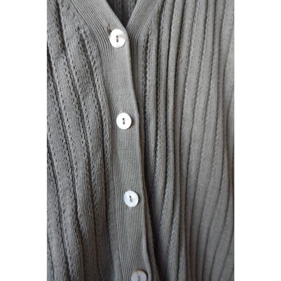 Vintage 90s Cardigan Sweater Womens Small Taupe Silk Rib Knit Minimalist Neutral - Picture 2 of 7